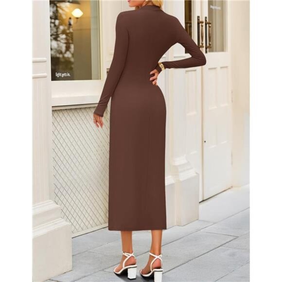Womens Long Sleeve Mock Neck Bodycon Midi Dress Coffee - Picture 4 of 6